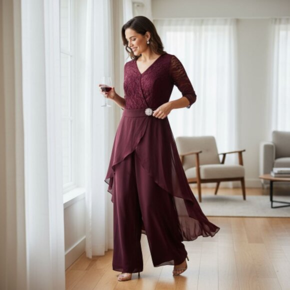 Maroon Lace & Chiffon 2-Piece Set – Size 22 – Zip Closure – New Without Tag - Picture 2 of 2